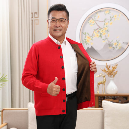 Autumn and Winter Thickened Middle-aged and Elderly Sweater Wool Pure Face Solid Color Jacket Cardigan Elderly Couple Dress Red Festive Parents