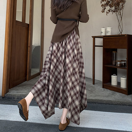 Retro Asymmetrical Plaid Brushed Skirt for Women Autumn and Winter 2025 New Design High-Waisted A-Line Long Skirt
