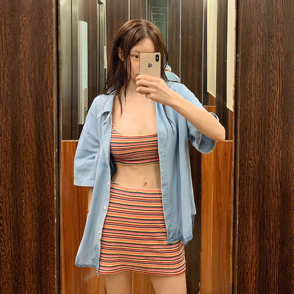 New Swimsuit Women's Conservative Stripe Split High-end Small Chest Bikini Vest Flesh Covering Slim Hot Spring Swimsuit