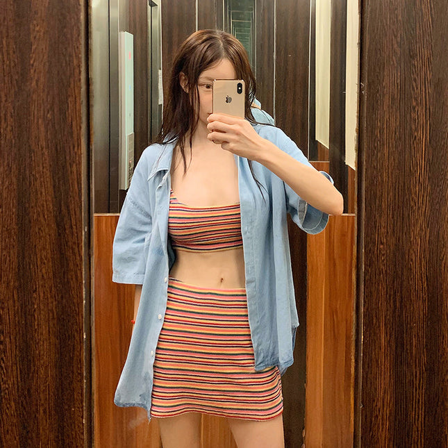 New Swimsuit Women's Conservative Stripe Split High-end Small Chest Bikini Vest Flesh Covering Slim Hot Spring Swimsuit