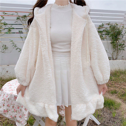 Autumn and Winter Soft Girl Cute Fur Ball Rabbit Ears Hooded Imitation Cashmere Thickened Sweatshirt Jacket Student Girl Wholesale
