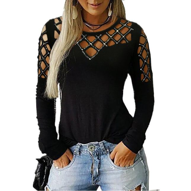 European and American cross-border 2023 Women's clothing eBay Amazon wish autumn and winter popular hollow rhinestone long-sleeved T-shirt top for women