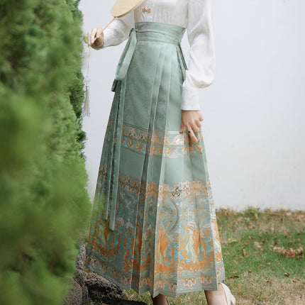 2025 Xiangyunsha Women's Chinese Style Hanfu Satin Water Green Wave Brocade Maqian Skirt One-Piece Half Skirt