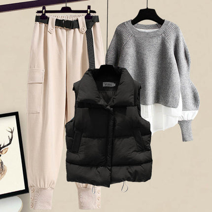 plus size women's autumn and winter suit women's 2024 new wear western style vest shirt slim cargo pants three-piece set