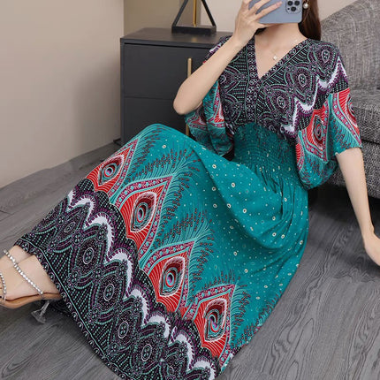 Cross-border ethnic style V-neck cotton silk short-sleeved beach skirt Thailand travel dress summer printed holiday floral skirt