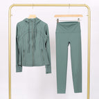 Mysterious green hooded stamped jacket and cropped pants suit / 2/S