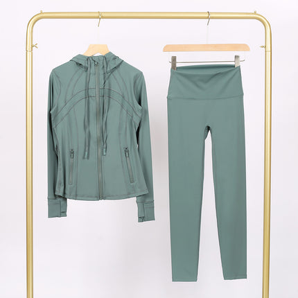Lulu Df Stamped Hooded Jacket and Cropped Pants Set, Tight-Fitting Stretch Jacket with Gold Zipper, Fitness Yoga Outfit