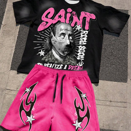 Men's Summer Casual Fashion Short Sleeve T-Shirt and Shorts Set with Letter and Art Figure Print