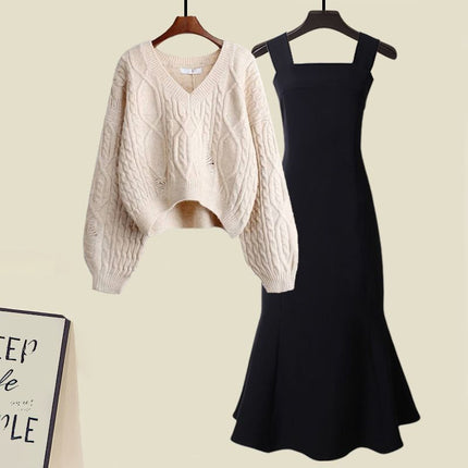 G Autumn suit Women's New Fishtail dress Two-Piece Western-Style French-Style Cross-Knitted Sweater for Women