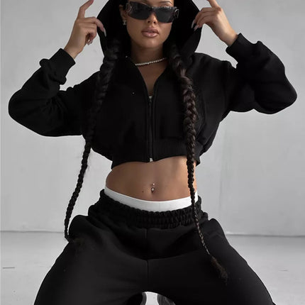 2026 Amazon Sexy Fashion European and American Style Casual Long-Sleeve Hooded Crop Top Shorts Cardigan Sports Pants