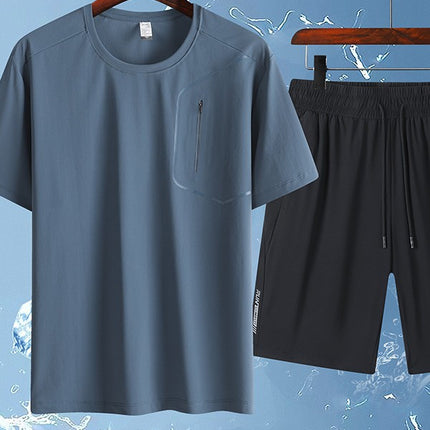 25 Summer Ice Silk Sports and Casual Large Size Short Suit Men's Summer Ice Silk Quick-Drying Ice Silk Two-Piece Running Suit