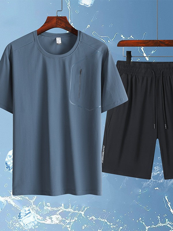 25 Summer Ice Silk Sports and Casual Large Size Short Suit Men's Summer Ice Silk Quick-Drying Ice Silk Two-Piece Running Suit