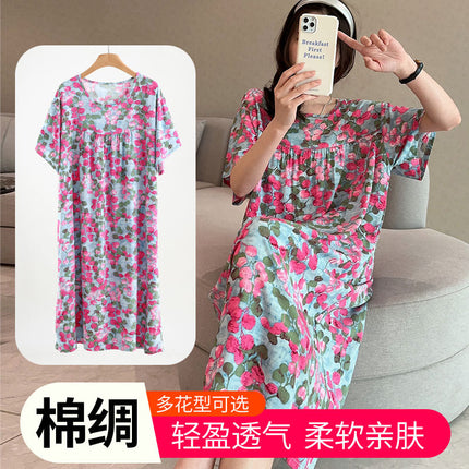 Cotton Silk Nightdress Women's Short-sleeved Artificial Cotton Pajamas Summer Thin Large Size Loose Home Clothes Simple Floral Dress