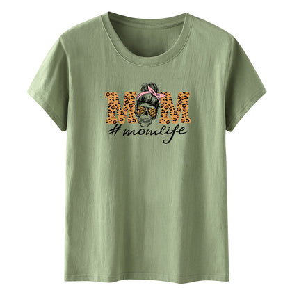 Amazon momlife Skull Leopard Print Sunglasses Mother's Day Gift Letter Print Casual Short Sleeve T-Shirt Women