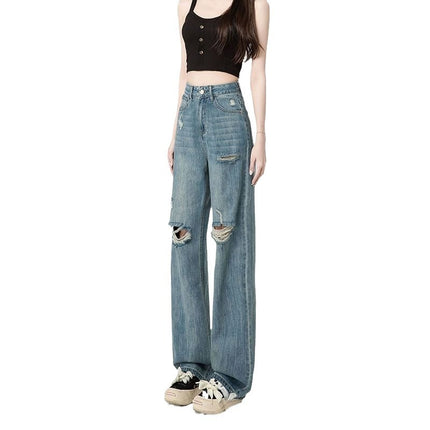 Ripped Jeans Women's Summer Thin Straight Loose 2024 New High Waist Wide Leg Draping Slimming Floor Trousers