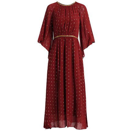Zhili Green Mature Feminine Style Waist-Cinching Dress with Beading and Flared Sleeves, New for Spring 2026