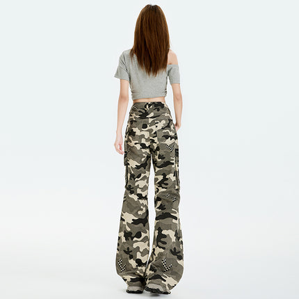 American Retro Multi-Pocket Camouflage High-Waisted Flared Cargo Pants for Women, Summer New Loose Slimming Floor-Length Casual Pants