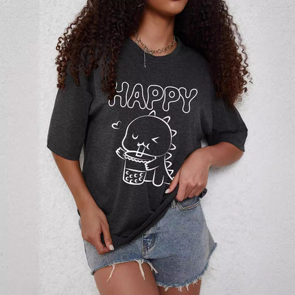 Fashion Joker Texture Color Cotton T-shirt Cartoon Dinosaur Clove Printing Casual Loose Short Sleeve European and American Cross