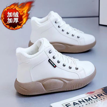 2023 autumn and winter new high-top cotton-padded shoes leather surface fleece-lined thick waterproof platform height increasing sports clunky shoes student shoes