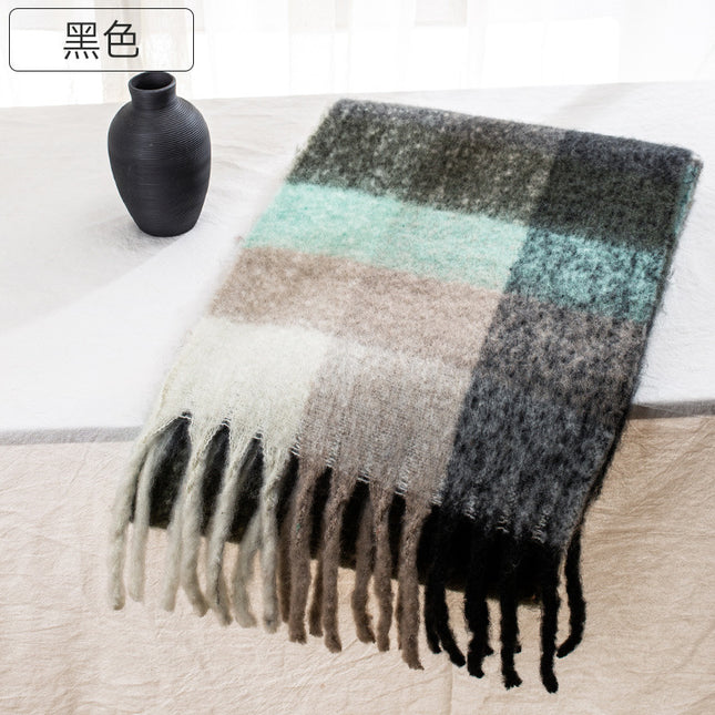 Autumn and winter European and American color matching AC cashmere thick tassel scarf rainbow plaid mohair warm female student plus