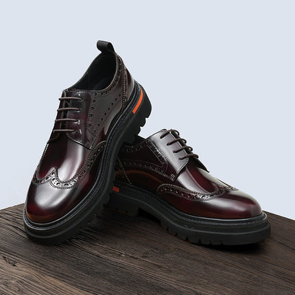 Men's Glossy Leather Shoes, Genuine Leather, 2026 New Model, British Style, Brogue Carved Design, Business Casual, Thick-Soled, Height-Increasing Men's Shoes