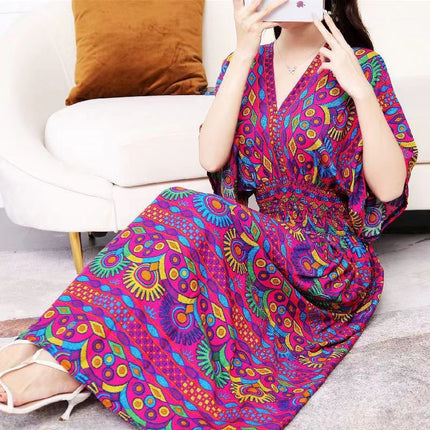 Cross-border ethnic style V-neck cotton silk short-sleeved beach skirt Thailand travel dress summer printed holiday floral skirt
