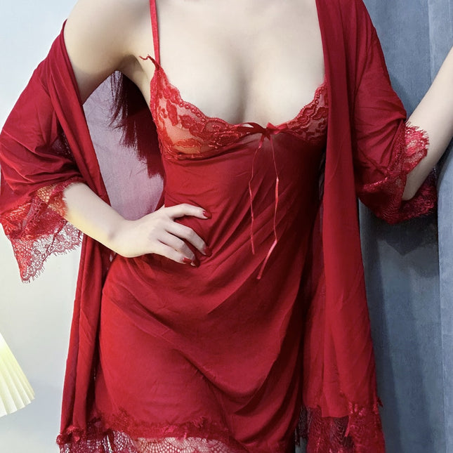 Three-Piece Tulle Sexy Underwear Sling Nightgown Lace Hot Nightgown Women's Transparent Sexy Pajamas