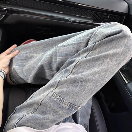 American Retro Lightning Pattern Jeans for Men, Autumn New Washed Pants, Loose Straight-Leg Pocket Design, Flared Pants