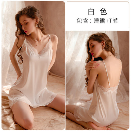2024 New Summer Pajamas Women's Sexy Sling Ice Silk Women's Pure Desire Style Nightdress Lace Back Home Clothes
