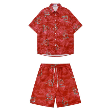Cross-border Trade Trendy Brand Retro Year of the Snake Xiangyun Loose Beach Shorts Full Print Couple High Street Casual Pants Two-piece Set