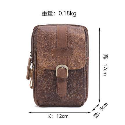 Genuine Leather Men's Frosted Leather Zipper Waist Bag Outdoor Sports Waist Bag Men's Work Site Wear-resistant Mobile Phone Waist Bag