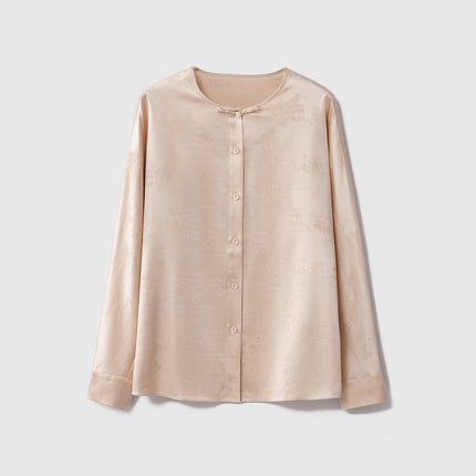 Guofeng Button Silk Jacquard Satin Long-sleeved Top Women's Mulberry Silk Round Neck Loose New Chinese Style Shirt