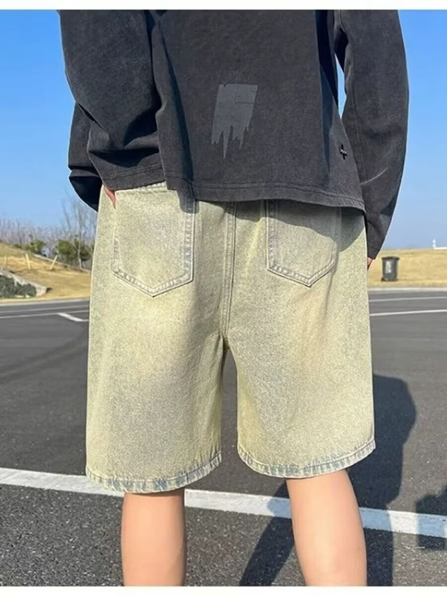 2024 Washed light blue Denim Shorts Men's Loose Casual Trendy Pants High Street Pants for Men