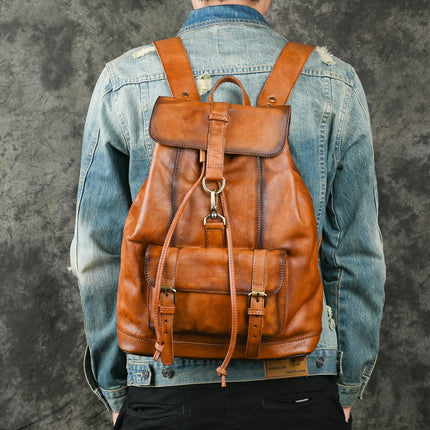 Ancient Chaoke Handmade Color Plaster Bark Backpack Casual Travel Genuine Leather Backpack 14 Inch Laptop Bag