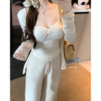 Cream cardigan + suspenders / S