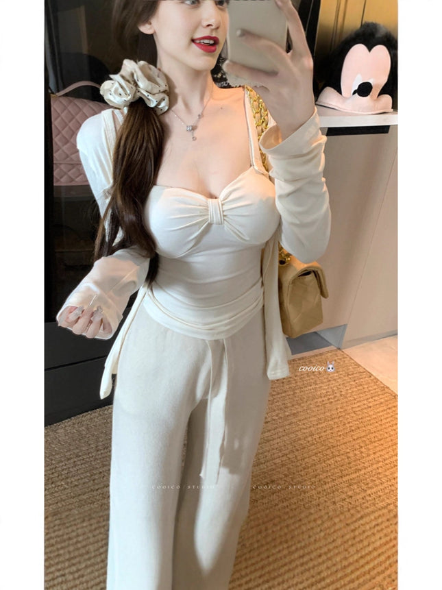 Trendy Two-Piece Set: Pure Desire Hot Girl Style Twisted Design Camisole for Women, Early Autumn New Niche Versatile Cardigan with Long Sleeves