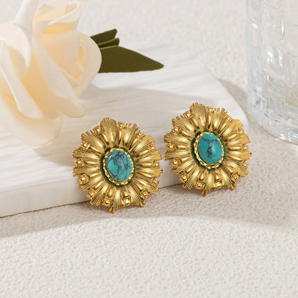 Sunflower stainless steel tiger eye stone female earrings Europe and the United States cross-border titanium steel 18k gold earrings high sense flower earrings