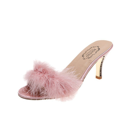 Foreign Trade Large Size Furry Sandals 2025 Summer New Fashion Outer Wear Stiletto Open Toe Sandals