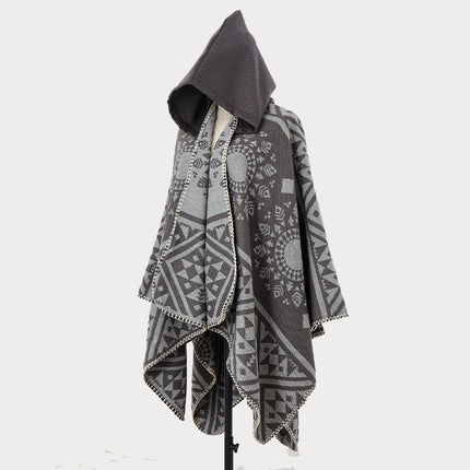 Ethnic Style Hooded Cape Shawl for Women, Fashionable and Stylish Thickened Version, Warm Outerwear for Travel and Photography Scarf