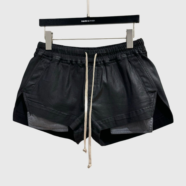 Subhuman | Dark Style Mainline Black Shorts with Elastic Waistband and Drawstring, Slimming Wax Finish, Versatile and Slimming.
