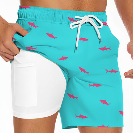 Men's Shark Pattern 2 in 1 Board Shorts with Drawstring and
