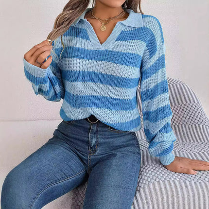 Clearance Sale: Autumn/Winter Casual Turn-Down Collar Color-Block Striped Long-Sleeve Knitted Pullover Sweater - Amazon Cross-Border Women's Fashion