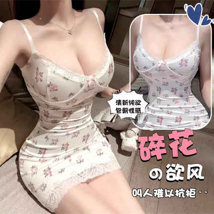 Nightgown with Fresh Small Floral Contrasting Lace Splicing, Small Chest Pure Desire Style, Strap with Chest Pad, Hip-Hugging Sexy Short Nightdress