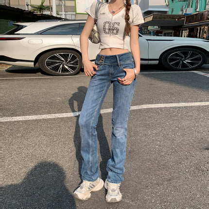 American Retro Stretchy Low-Rise Three-Button Design Flared Jeans for Women, New Slim-Fit Jeans for Spring and Autumn