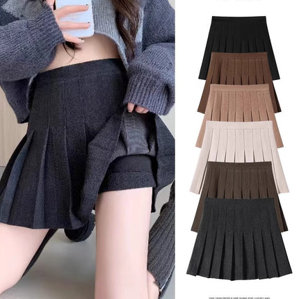 Dark Gray Woolen Pleated Skirt Short Skirt for Women Autumn and Winter 2026 New High-Waisted Slimming Look Preppy Jk Half-Length A-Line Skirt