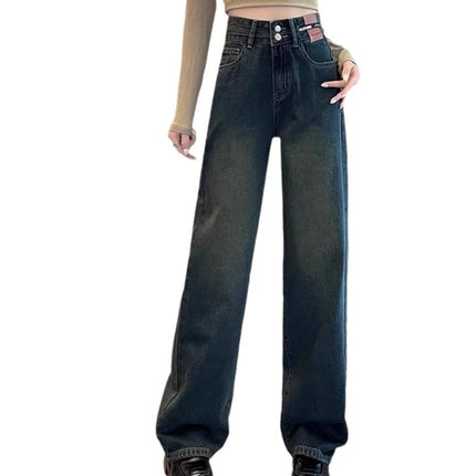 Cement Grey Narrow Wide Leg Jeans Women's Fashion All-match New Korean Style High Waist Loose Straight Casual Long Pants