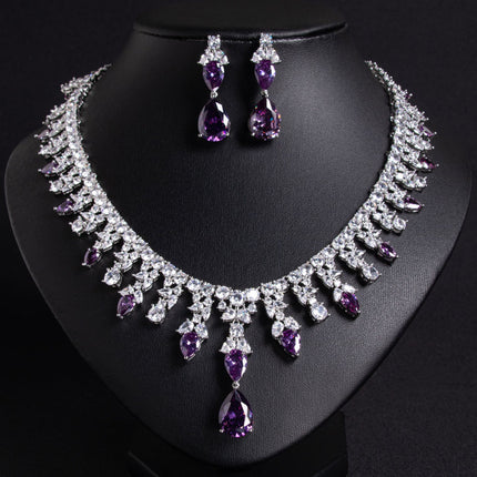 Luxury Dinner Dress Jewelry Red Zircon Necklace suit High-end Wedding Micro-inlay Bridal Wedding Earrings Jewelry