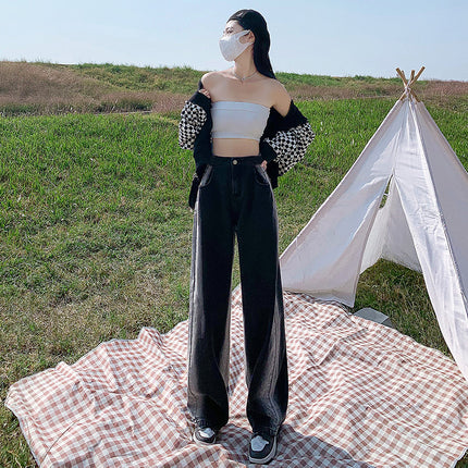Gradient jeans female students 2022 new Hong Kong style BF high waist loose niche straight tube vertical mop pants