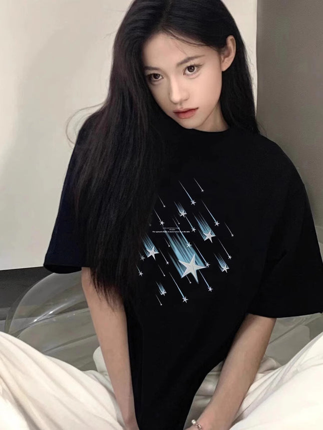 Summer Pure Cotton Short-Sleeved T-Shirt for Women 2026 Plum Blossom Print Design Niche American High Street Loose Half-Sleeved Top