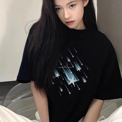 Summer Pure Cotton Short-Sleeved T-Shirt for Women 2026 Plum Blossom Print Design Niche American High Street Loose Half-Sleeved Top
